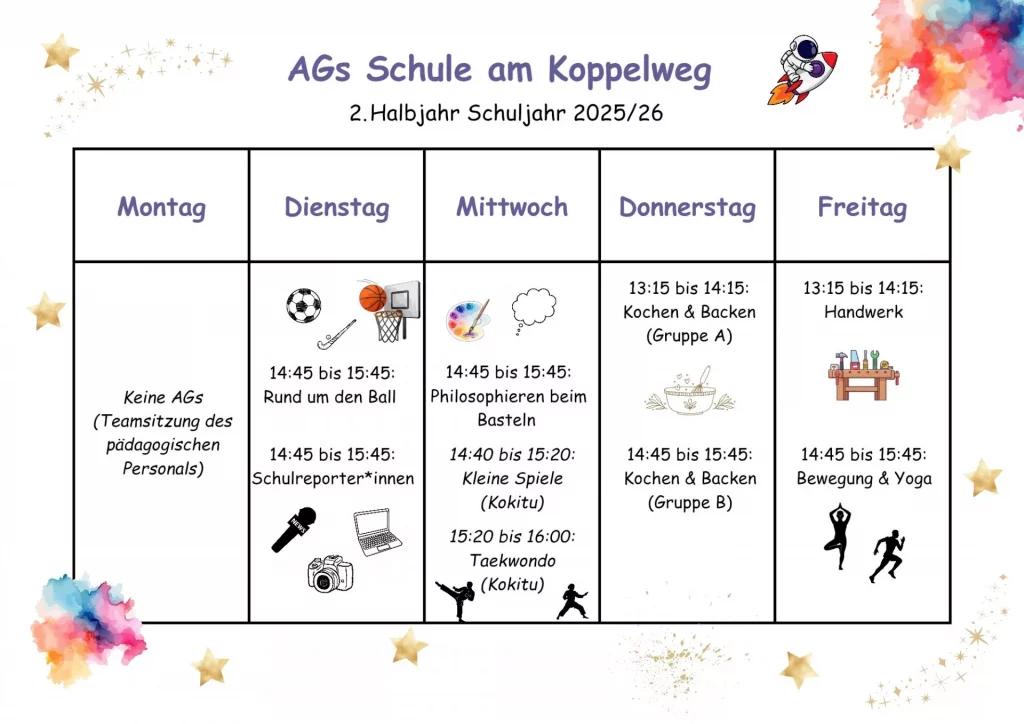 wöchentlicher aktivitätenplan für die schule am koppelweg mit clubs wie kochen, backen, sport, basteln, bewegung, yoga, philosophie und taekwondo, organisiert in einem farbenfrohen stundenplan mit symbolen und spielerischen dekorationen. wöchentlicher aktivitätenplan für die schule am koppelweg mit clubs wie kochen, backen, sport, basteln, bewegung, yoga, philosophie und taekwondo, organisiert in einem farbenfrohen stundenplan mit symbolen und spielerischen dekorationen.