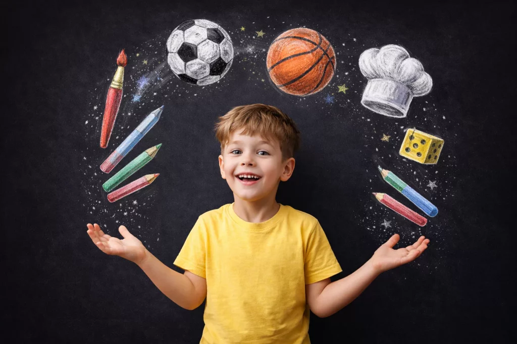 ein lächelnder junge in einem gelben hemd steht vor einer kreidetafel mit bunten zeichnungen eines fußballs, eines basketballs, einer kochmütze, eines pinsels, von würfeln und buntstiften um ihn herum. ein lächelnder junge in einem gelben hemd steht vor einer kreidetafel mit bunten zeichnungen eines fußballs, eines basketballs, einer kochmütze, eines pinsels, von würfeln und buntstiften um ihn herum.