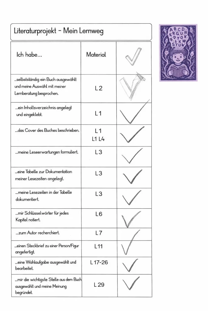 eine checkliste für ein literaturprojekt mit dem titel mein lernweg mit aufgaben und benötigten materialien. jede aufgabe hat ein angekreuztes kästchen. in der rechten oberen ecke ist ein lila buch mit illustriertem einband abgebildet. eine checkliste für ein literaturprojekt mit dem titel mein lernweg mit aufgaben und benötigten materialien. jede aufgabe hat ein angekreuztes kästchen. in der rechten oberen ecke ist ein lila buch mit illustriertem einband abgebildet.