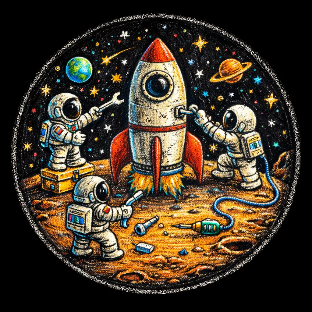 drei astronauten in anzügen arbeiten zusammen auf einem raketenschiff in einer farbenfrohen, sternenübersäten außerirdischen landschaft mit planeten, sternen und werkzeugen, die auf dem boden verstreut sind. im hintergrund sind die erde und der saturn zu sehen. drei astronauten in anzügen arbeiten zusammen auf einem raketenschiff in einer farbenfrohen, sternenübersäten außerirdischen landschaft mit planeten, sternen und werkzeugen, die auf dem boden verstreut sind. im hintergrund sind die erde und der saturn zu sehen.