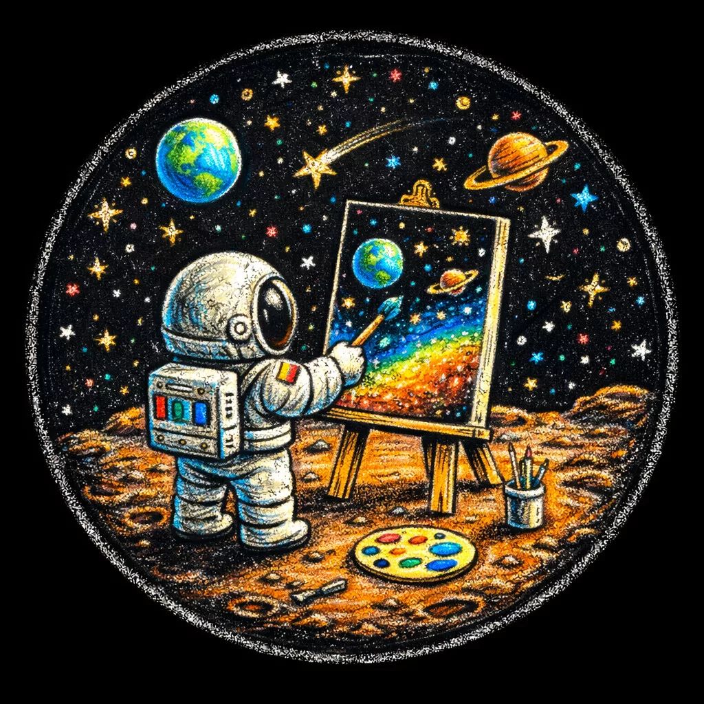 ein cartoon astronaut malt eine farbenfrohe kosmische szene auf einer staffelei, während er auf dem mond steht, umgeben von planeten, sternen und kunstzubehör unter einem sternenhimmel. ein cartoon astronaut malt eine farbenfrohe kosmische szene auf einer staffelei, während er auf dem mond steht, umgeben von planeten, sternen und kunstzubehör unter einem sternenhimmel.