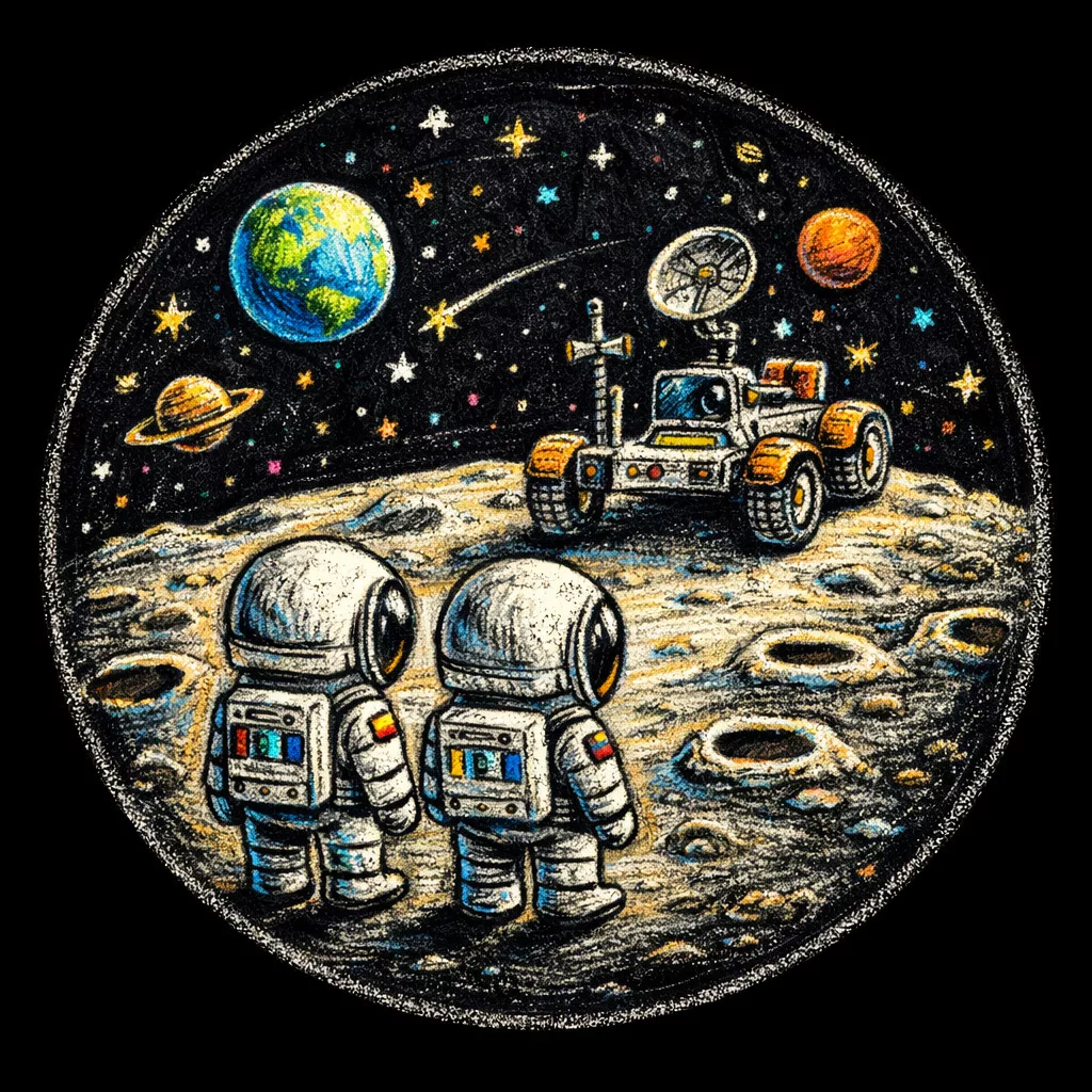 zwei astronauten in raumanzügen stehen auf der mondoberfläche und schauen auf einen rover. erde, mars, saturn und sterne sind am bunten himmel über der mondlandschaft zu sehen. das bild ist in einem kreideähnlichen stil gezeichnet. zwei astronauten in raumanzügen stehen auf der mondoberfläche und schauen auf einen rover. erde, mars, saturn und sterne sind am bunten himmel über der mondlandschaft zu sehen. das bild ist in einem kreideähnlichen stil gezeichnet.
