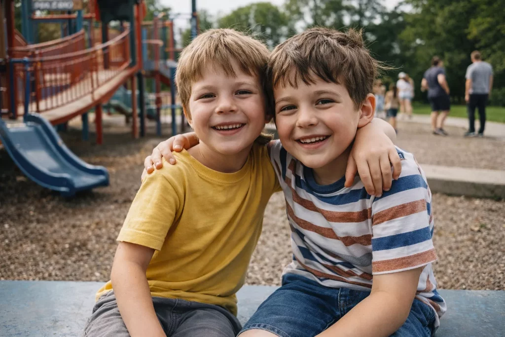 zwei jungen sitzen lächelnd dicht beieinander auf einem spielplatz, wobei der eine junge den arm um die schultern des anderen legt. im hintergrund sind spielplatzgeräte und andere personen zu sehen. zwei jungen sitzen lächelnd dicht beieinander auf einem spielplatz, wobei der eine junge den arm um die schultern des anderen legt. im hintergrund sind spielplatzgeräte und andere personen zu sehen.