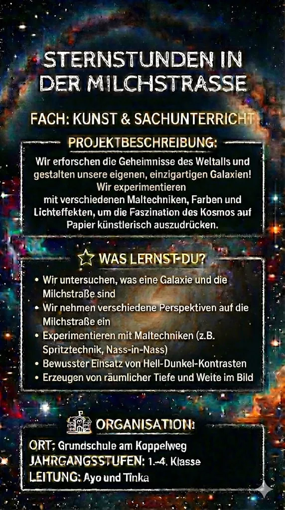 plakat für ein schulprojekt mit dem titel "sternstunden in der milchstraße" für den kunst und naturwissenschaftsunterricht, das aktivitäten zur erforschung des weltraums, kunsttechniken und projektdetails vor einem hintergrund aus sternengalaxien beschreibt. plakat für ein schulprojekt mit dem titel "sternstunden in der milchstraße" für den kunst und naturwissenschaftsunterricht, das aktivitäten zur erforschung des weltraums, kunsttechniken und projektdetails vor einem hintergrund aus sternengalaxien beschreibt.