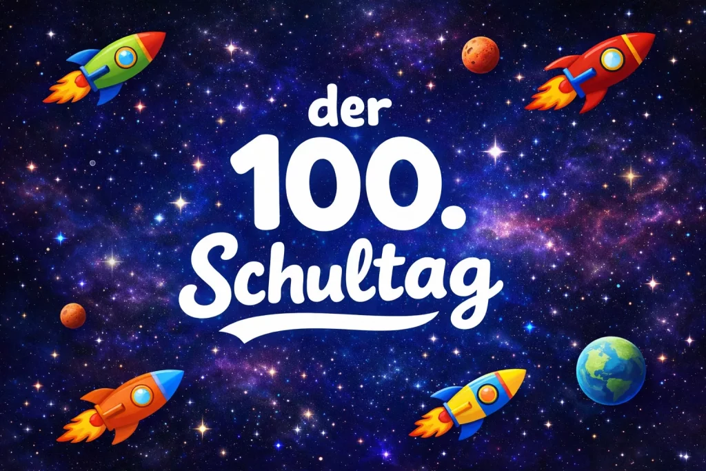 Der 100. Schultag – Ein gemeinsames Erlebnis für die ganze Schule bunte raketen, planeten und sterne im weltraum umgeben den deutschen text der 100. schultag in fetten, weißen buchstaben auf einem sternenübersäten galaxienhintergrund.