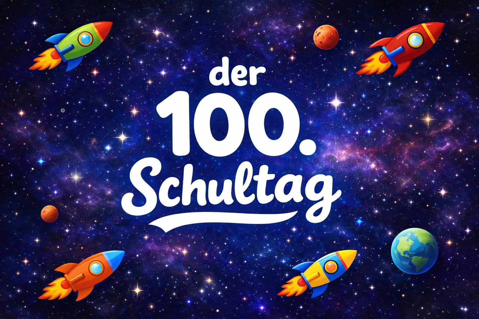 bunte raketen, planeten und sterne im weltraum umgeben den deutschen text der 100. schultag in fetten, weißen buchstaben auf einem sternenübersäten galaxienhintergrund.