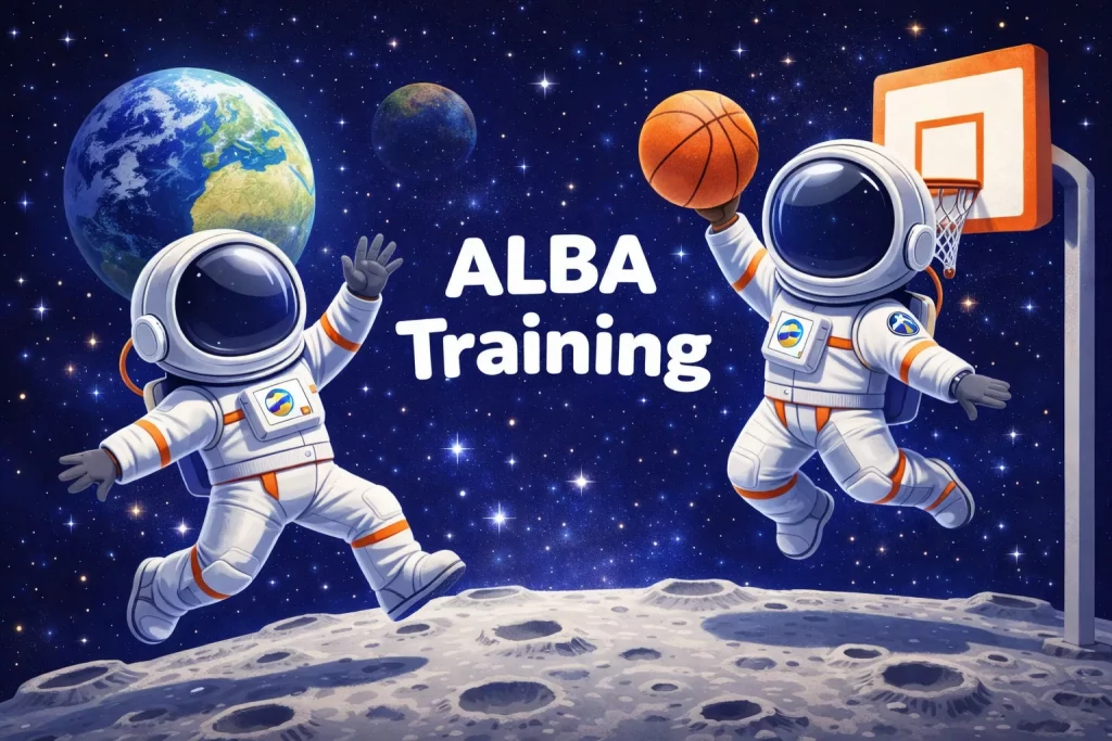 ALBA Training - Ein besonderes Sportereignis an unserer Schule zwei astronauten spielen basketball auf dem mond mit der erde im hintergrund. ein astronaut springt, um den ball in einen korb zu werfen. in der mitte erscheint der text alba training. sterne füllen die weltraumszene.