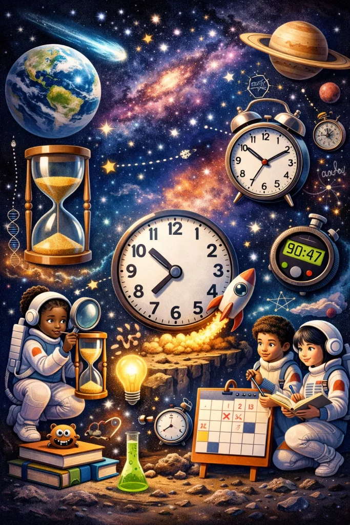 drei kinder in astronautenanzügen erkunden die weltraumumgebung mit uhren, einer sanduhr, einem kalender und wissenschaftlichen objekten. erde, planeten und sterne füllen den farbenfrohen kosmischen hintergrund.