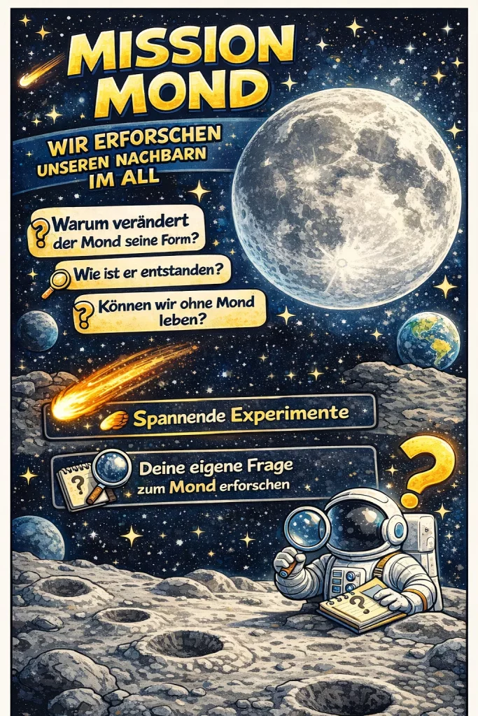 ein farbenfrohes plakat in deutscher sprache mit dem titel mission mond zeigt einen großen mond im weltraum, einen astronauten mit einem notizblock auf der mondoberfläche und mehrere sprechblasen über den mond, umgeben von sternen und kometen. ein farbenfrohes plakat in deutscher sprache mit dem titel mission mond zeigt einen großen mond im weltraum, einen astronauten mit einem notizblock auf der mondoberfläche und mehrere sprechblasen über den mond, umgeben von sternen und kometen.