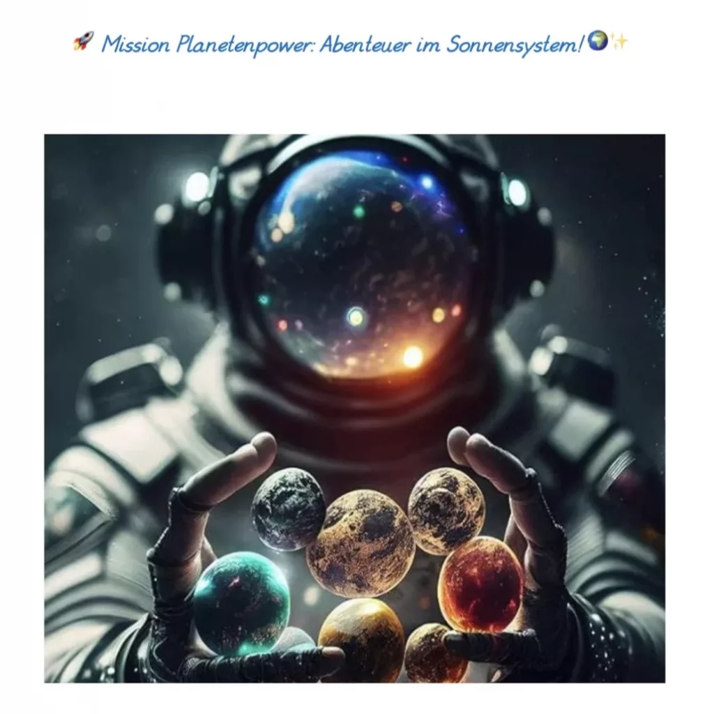 eine person in einem reflektierenden astronautenanzug hält leuchtende miniaturplaneten in beiden händen. das visier zeigt eine kosmische szene. der deutsche text darüber lautet: mission planetenpower: abenteuer im sonnensystem! mit planeten und glitzer emojis.
