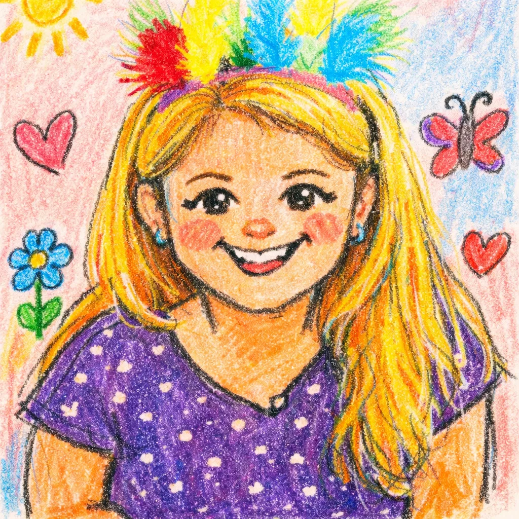 ein lächelndes mädchen mit langen blonden haaren trägt ein lila gepunktetes hemd und ein stirnband mit bunten federn. im hintergrund sind eine sonne, herzen, eine blume und ein schmetterling mit buntstiften gezeichnet.