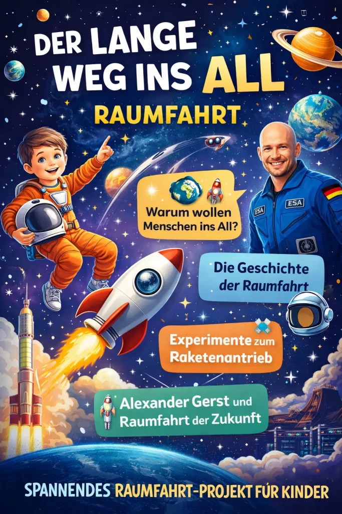 illustriertes poster über die raumfahrt für kinder. es zeigt einen astronauten, eine rakete, planeten, sterne und infokästen mit themen wie warum menschen ins all fliegen, raketenexperimente und alexander gerst. der text ist auf deutsch. illustriertes poster über die raumfahrt für kinder. es zeigt einen astronauten, eine rakete, planeten, sterne und infokästen mit themen wie warum menschen ins all fliegen, raketenexperimente und alexander gerst. der text ist auf deutsch.