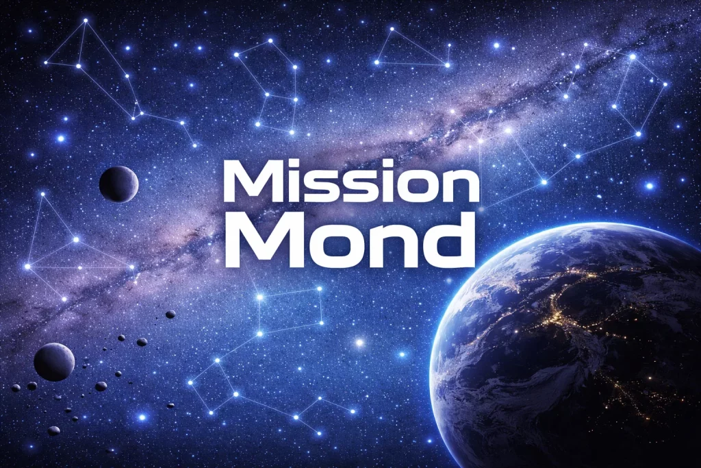 Mission Mond - Wir erforschen unseren Nachbarn im All der text mission mond wird über ein bild der erde aus dem weltraum gelegt, auf dem die lichter der stadt, nahe gelegene planeten und sterne sowie weiße sternbildlinien vor einem tiefblauen sternenhintergrund zu sehen sind.