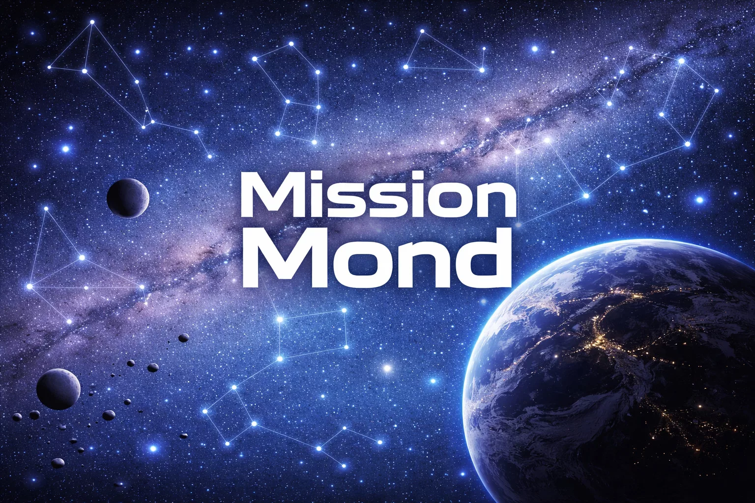 der text mission mond wird über ein bild der erde aus dem weltraum gelegt, auf dem die lichter der stadt, nahe gelegene planeten und sterne sowie weiße sternbildlinien vor einem tiefblauen sternenhintergrund zu sehen sind.