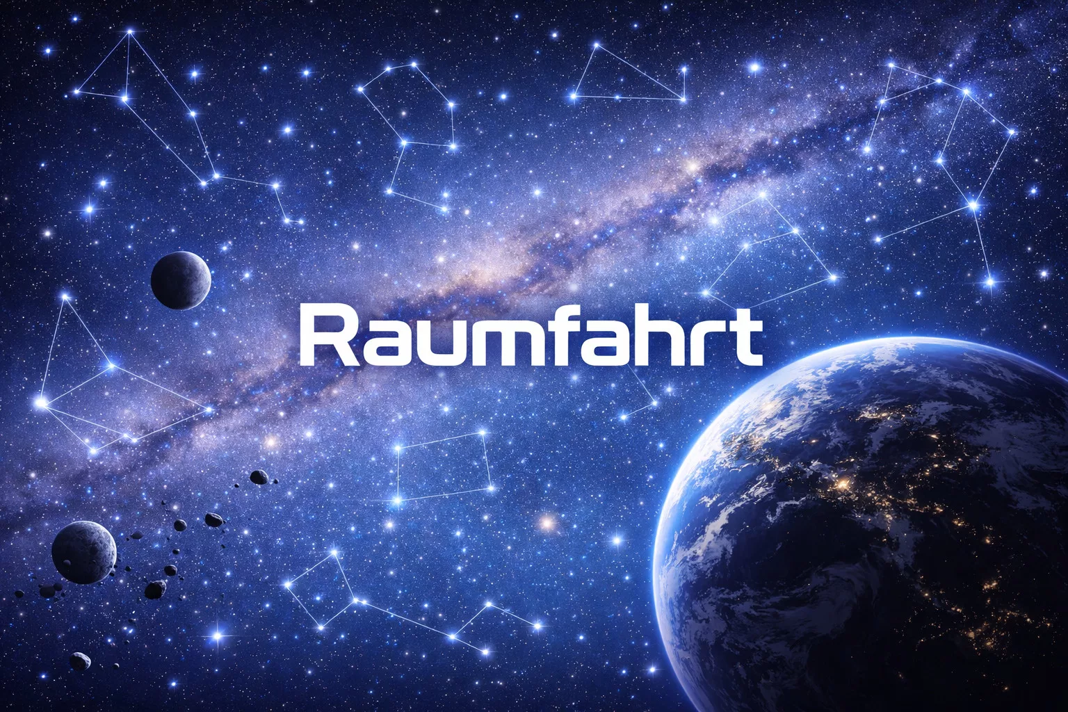 ein blick auf die erde aus dem weltraum mit sternen, sternbildern, planeten und asteroiden. das wort raumfahrt ist in der mitte prominent dargestellt.
