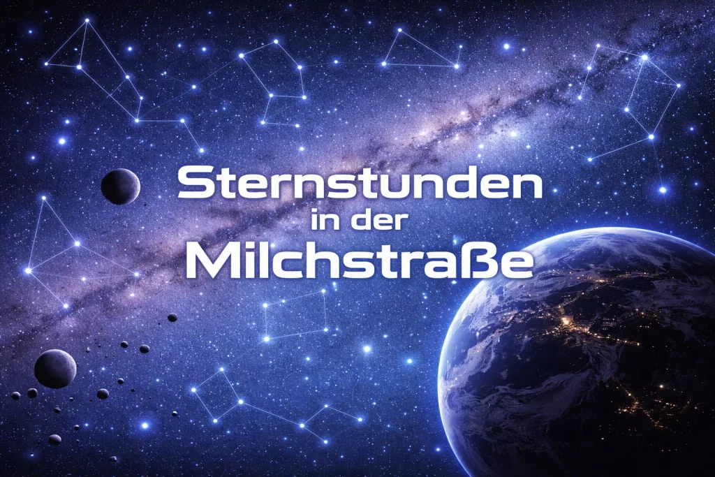 Sternstunden in der Milchstraße ein blick auf die erde aus dem weltraum mit sternen, sternbildern und planeten. der text auf deutsch lautet: sternstunden in der milchstraße, d. h. große momente in der milchstraße.