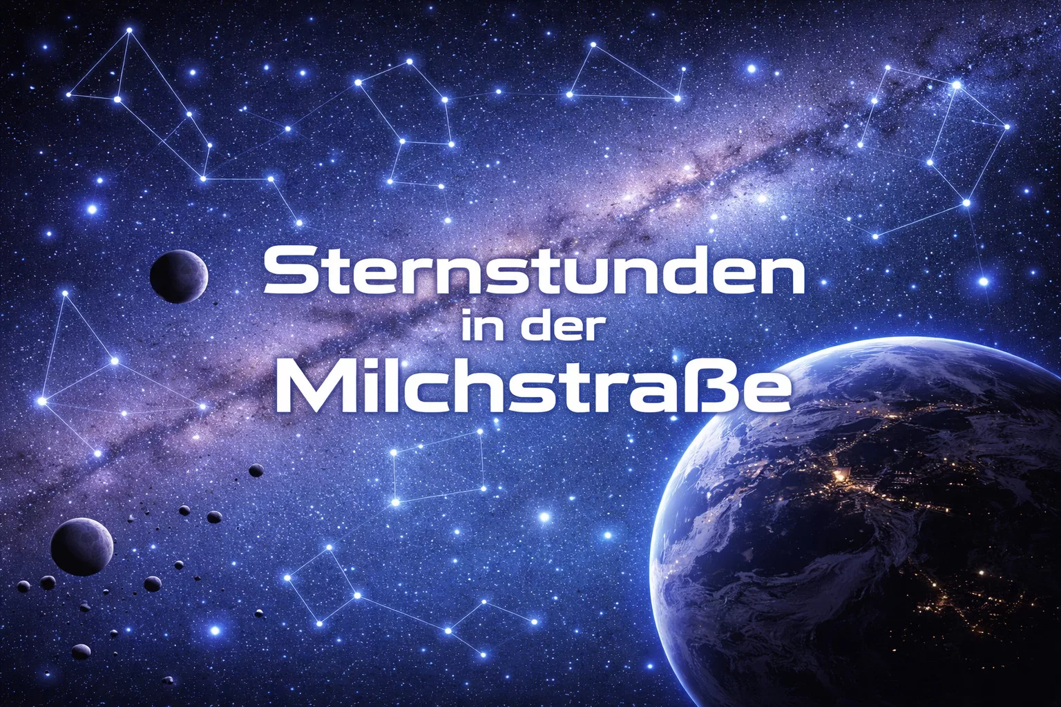 ein blick auf die erde aus dem weltraum mit sternen, sternbildern und planeten. der text auf deutsch lautet: sternstunden in der milchstraße, d. h. große momente in der milchstraße.