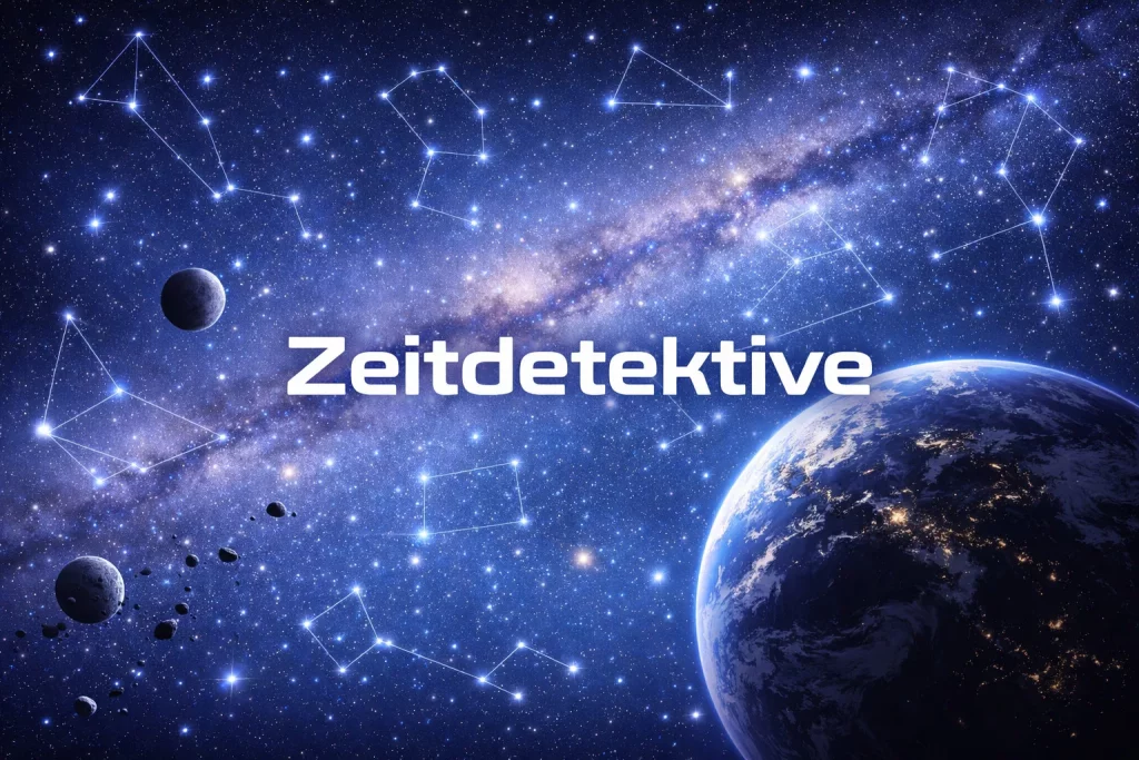 eine ansicht der erde aus dem weltraum mit sternen, sternbildern und planeten im hintergrund. das wort zeitdetektive erscheint in fetter weißer schrift in der mitte.