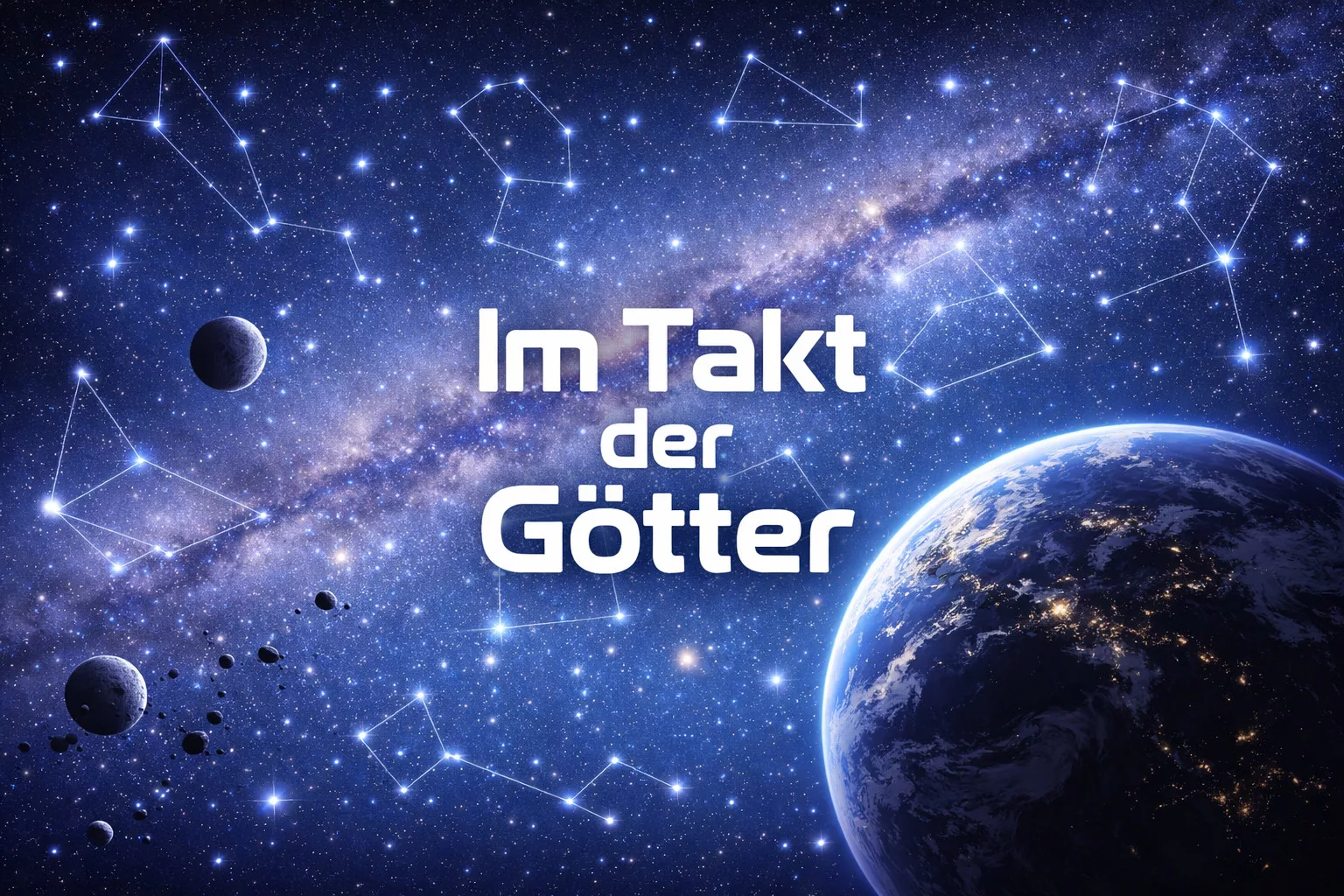 ein blick auf die erde aus dem weltraum mit sternen, planeten und sternbildlinien. die milchstraße erstreckt sich über den hintergrund. in der mitte steht in fetten weißen buchstaben "im takt der götter".