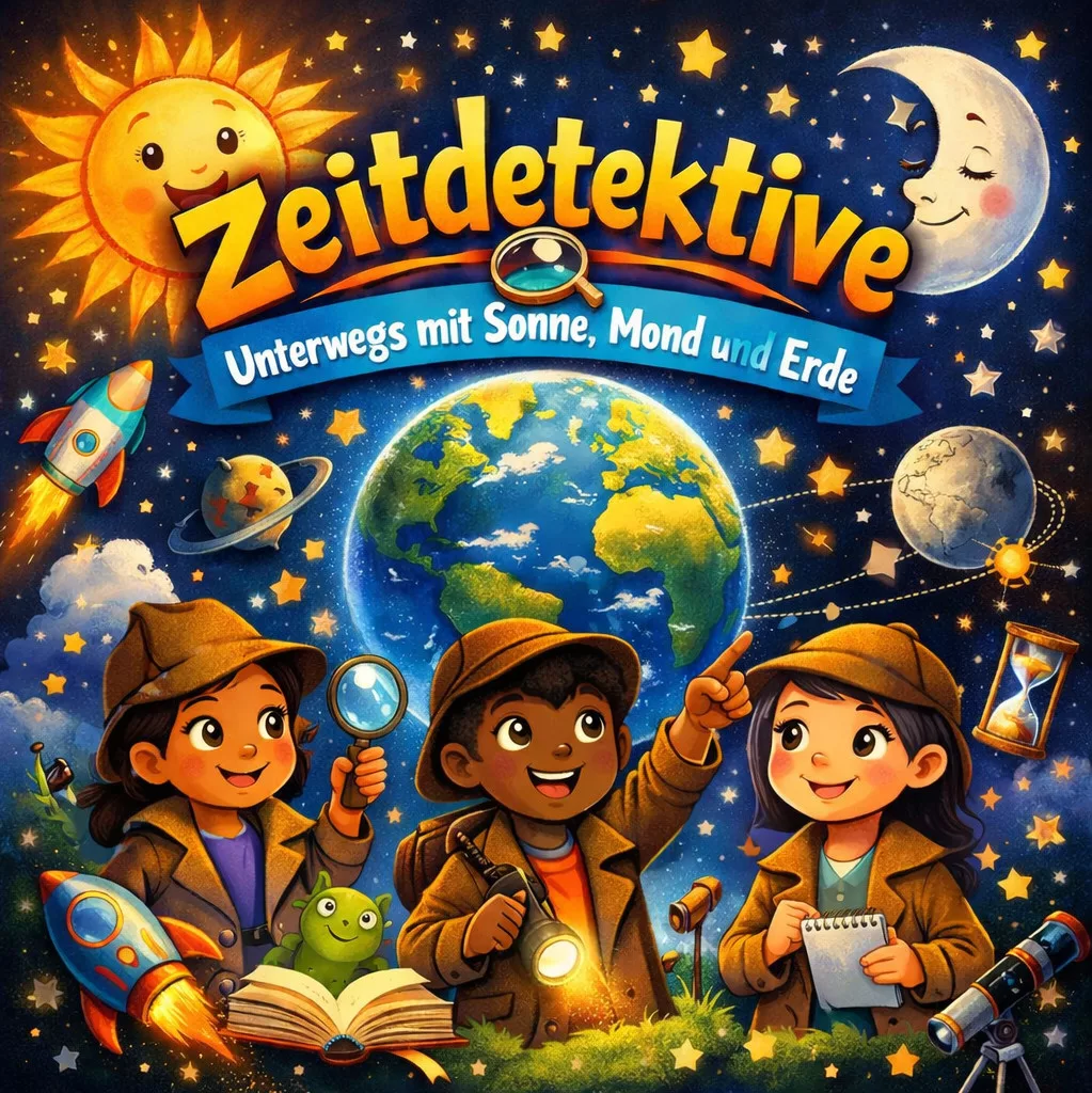 drei als detektive verkleidete kinder erforschen den weltraum rund um die erde, mit raketen, einem teleskop, einer sanduhr und einer lupe. die sonne und der mond lächeln im hintergrund. der text lautet zeitdetektive unterwegs mit sonne, mond und erde.