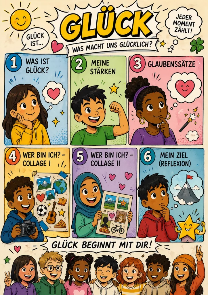 ein farbenfrohes, illustriertes plakat in deutscher sprache zum thema glück. es zeigt sechs verschiedene kinder, die jeweils ein thema darstellen: was ist glück, meine stärken, Überzeugungen, wer bin ich, wo bin ich, und mein ziel. das glück beginnt mit dir! steht unten. ein farbenfrohes, illustriertes plakat in deutscher sprache zum thema glück. es zeigt sechs verschiedene kinder, die jeweils ein thema darstellen: was ist glück, meine stärken, Überzeugungen, wer bin ich, wo bin ich, und mein ziel. das glück beginnt mit dir! steht unten.