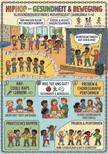 bunt illustriertes poster, das die teilnahme von kindern an einem hip hop gesundheits und bewegungsprojekt zeigt. die kinder rappen, tanzen, treten auf der bühne auf und üben choreografien, wobei sprechblasen die aktivitäten beschreiben. bunt illustriertes poster, das die teilnahme von kindern an einem hip hop gesundheits und bewegungsprojekt zeigt. die kinder rappen, tanzen, treten auf der bühne auf und üben choreografien, wobei sprechblasen die aktivitäten beschreiben.