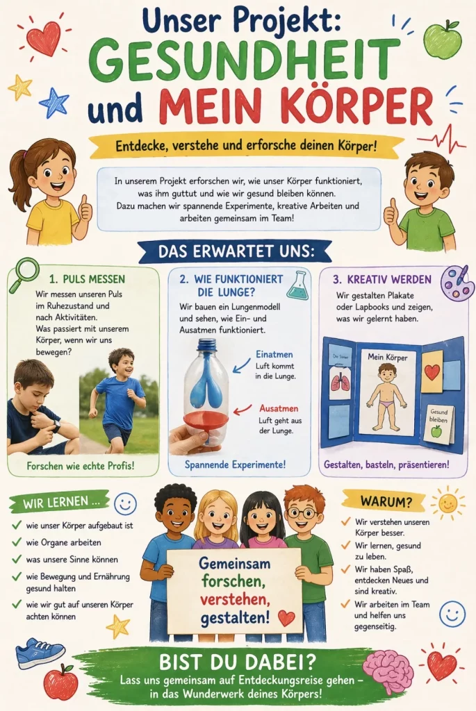 ein farbenfrohes poster in deutscher sprache über ein gesundheits und körperprojekt für kinder mit spielerischen zeichnungen, fotos von kindern und texten, die aktivitäten wie pulsmessen, lernen über die lunge und kreative workshops beschreiben. ein farbenfrohes poster in deutscher sprache über ein gesundheits und körperprojekt für kinder mit spielerischen zeichnungen, fotos von kindern und texten, die aktivitäten wie pulsmessen, lernen über die lunge und kreative workshops beschreiben.