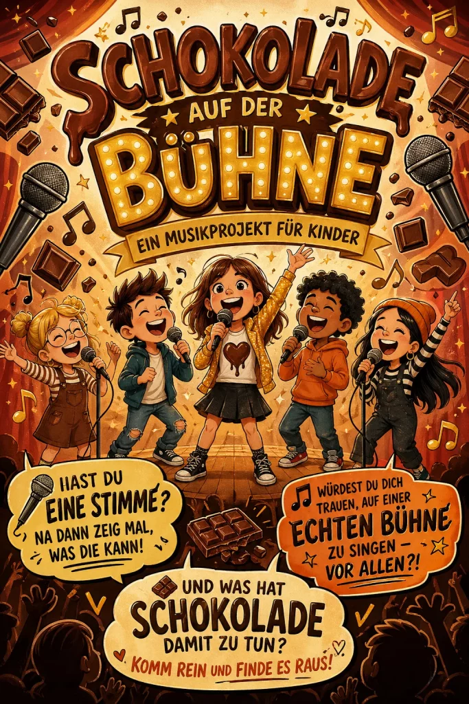 vier fröhliche kinder singen und spielen auf der bühne mit mikrofonen, umgeben von schokoladentafeln und musiknoten. der hintergrund ist lebendig und farbenfroh und wirbt für ein kindermusikprojekt namens "schokolade auf der bühne". vier fröhliche kinder singen und spielen auf der bühne mit mikrofonen, umgeben von schokoladentafeln und musiknoten. der hintergrund ist lebendig und farbenfroh und wirbt für ein kindermusikprojekt namens "schokolade auf der bühne".