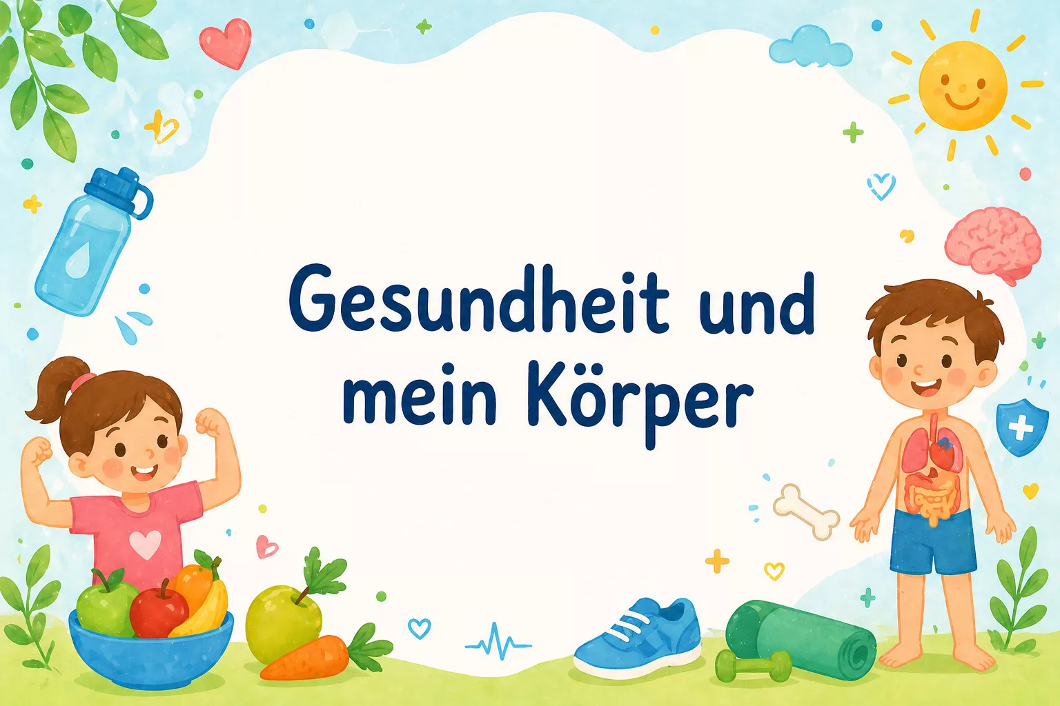 eine fröhliche, bunte illustration mit "gesundheit und mein körper" auf deutsch. umgeben sind ein mädchen, das sich beugt, gesunde lebensmittel, ein junge, der organe zeigt, eine hantel, ein turnschuh, eine wasserflasche, ein herz, eine sonne und wolken.