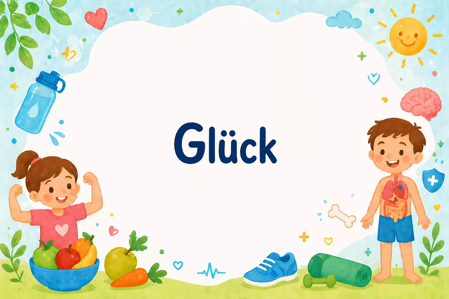 illustration eines glücklichen mädchens mit Äpfeln und gemüse und eines lächelnden jungen mit sichtbaren organen, umgeben von gesundheitssymbolen wie einer wasserflasche, einem herz, einem turnschuh und sonnenschein. das wort glück steht in der mitte.