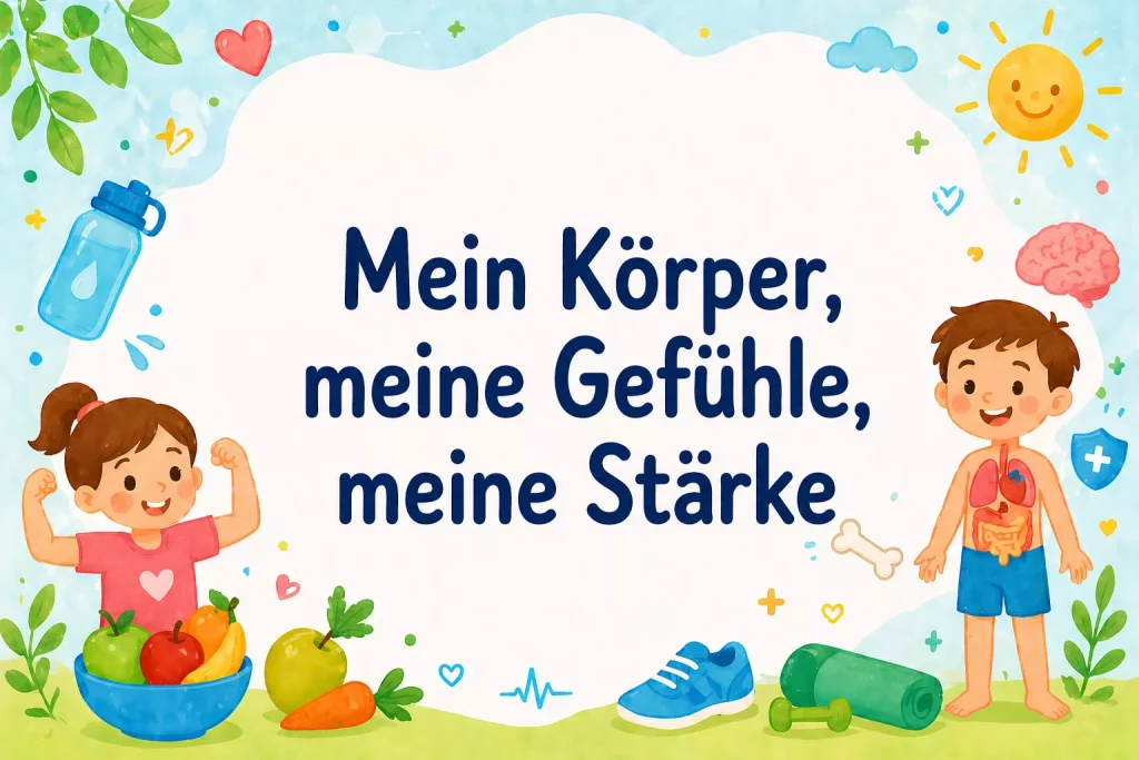 Mein Körper, meine Gefühle, meine Stärke illustration mit einem lächelnden mädchen, das seine arme in der nähe von obst und gemüse bewegt, und einem jungen, der innere organe zeigt. der deutsche text lautet: mein körper, meine gefühle, meine stärke. der hintergrund zeigt fröhliche gesundheitssymbole.