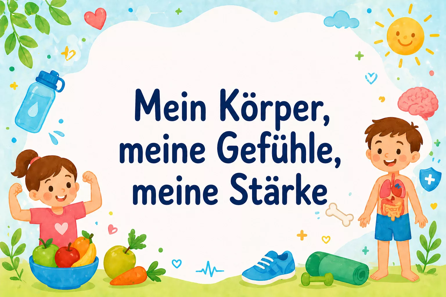 illustration mit einem lächelnden mädchen, das seine arme in der nähe von obst und gemüse bewegt, und einem jungen, der innere organe zeigt. der deutsche text lautet: mein körper, meine gefühle, meine stärke. der hintergrund zeigt fröhliche gesundheitssymbole.