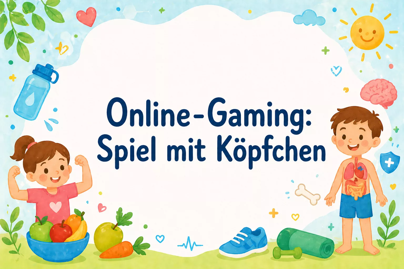 bunte illustration mit deutschem text online gaming: spiel mit köpfchen. zeigt ein mädchen, das stärke mit obst und gemüse zeigt, und einen jungen mit organabbildungen, umgeben von gesundheits und fitnesssymbolen, auf einem hellen hintergrund.