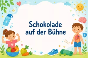Schokolade auf der Bühne bunte illustration mit deutschem text "schokolade auf der bühne" in der mitte, umgeben von fröhlichen kindern, gemüse, sportgeräten, einer wasserflasche, wolken, sonne und verspielten dekorativen elementen.