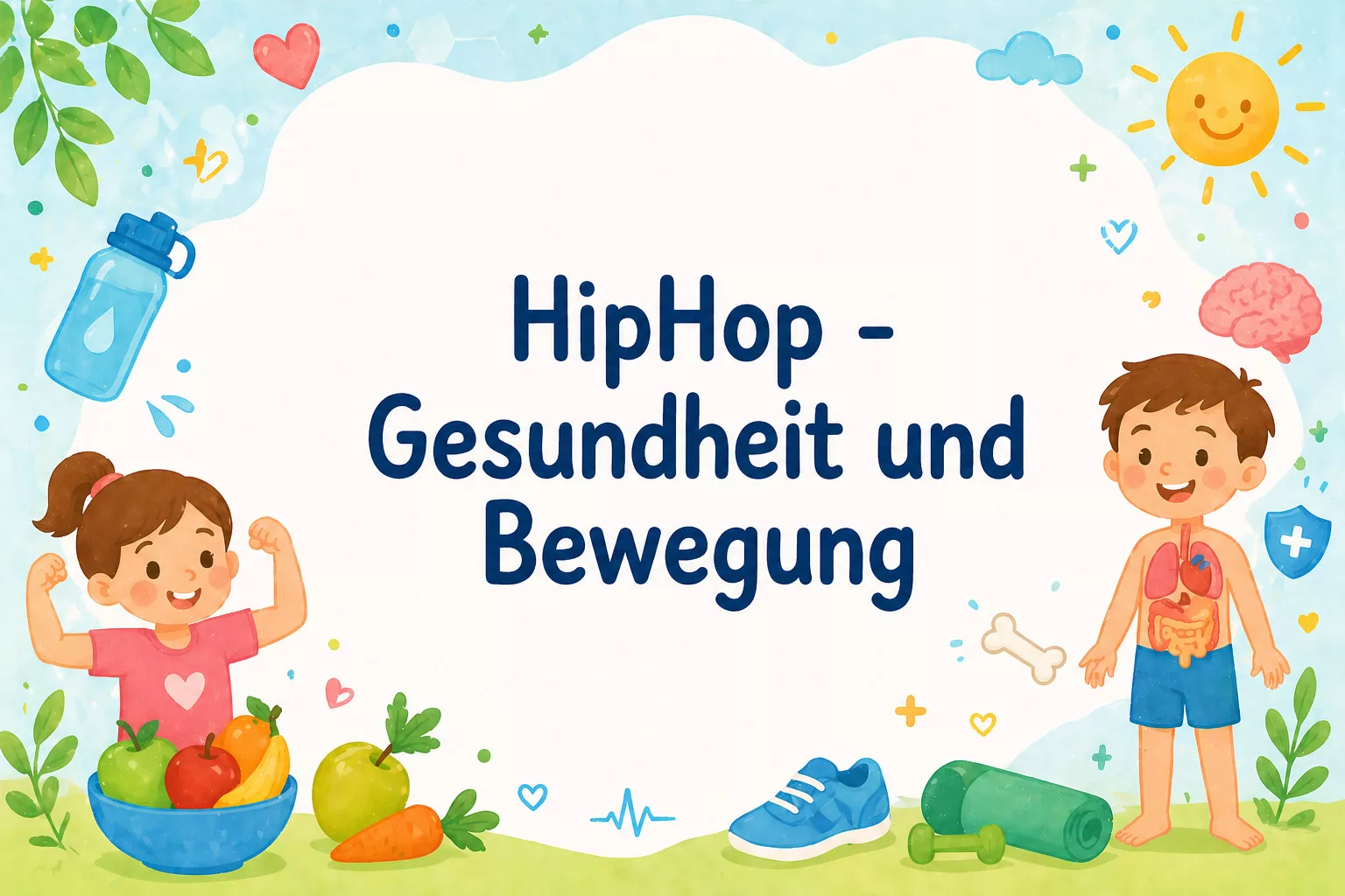 bunte illustration mit dem deutschen text hiphop gesundheit und bewegung. es zeigt ein mädchen, das seine arme in der nähe von obst und gemüse bewegt, und einen jungen in sportkleidung, mit fitness und gesundheitssymbolen um sie herum.