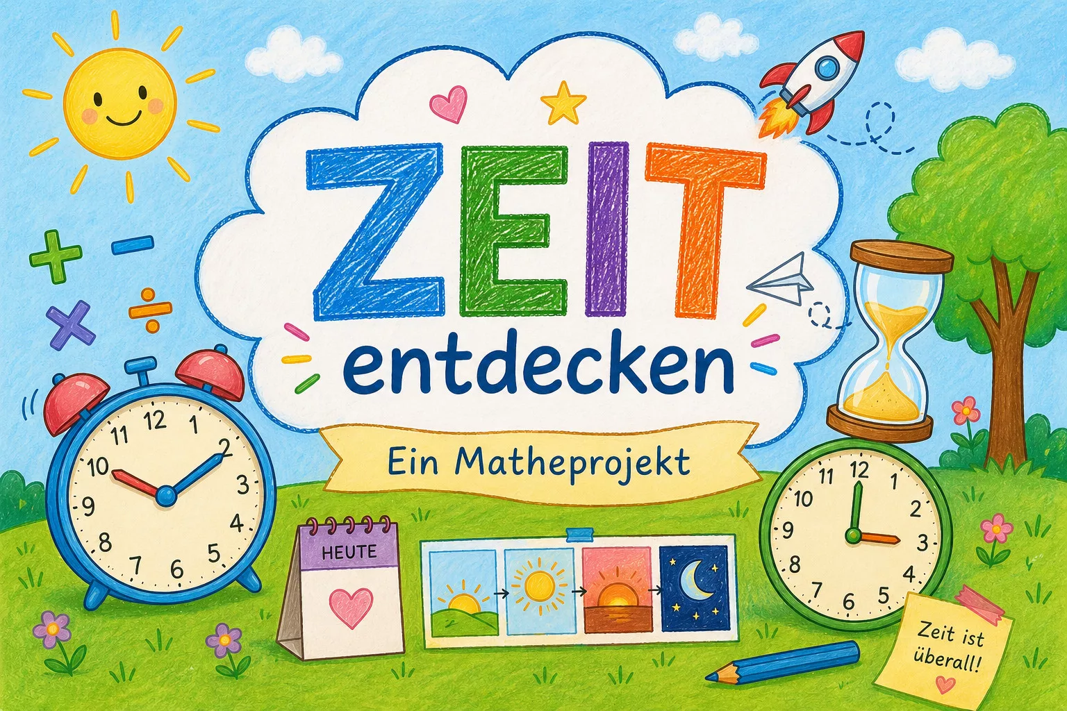 bunt illustriertes cover mit den deutschen wörtern zeit entdecken und ein matheprojekt. mit uhren, sonne, mondphasen, sanduhr, wecker, rakete, wolken, gras und einem klebezettel mit der aufschrift "zeit ist überall".