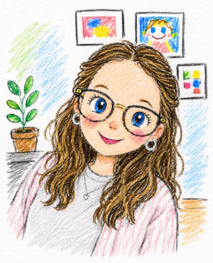eine farbenfrohe buntstiftzeichnung einer lächelnden frau mit gewelltem braunem haar, einer brille und einer herz halskette. sie trägt einen rosafarbenen pullover, hinter ihr stehen eine topfpflanze und ein gerahmtes kunstwerk an der wand.
