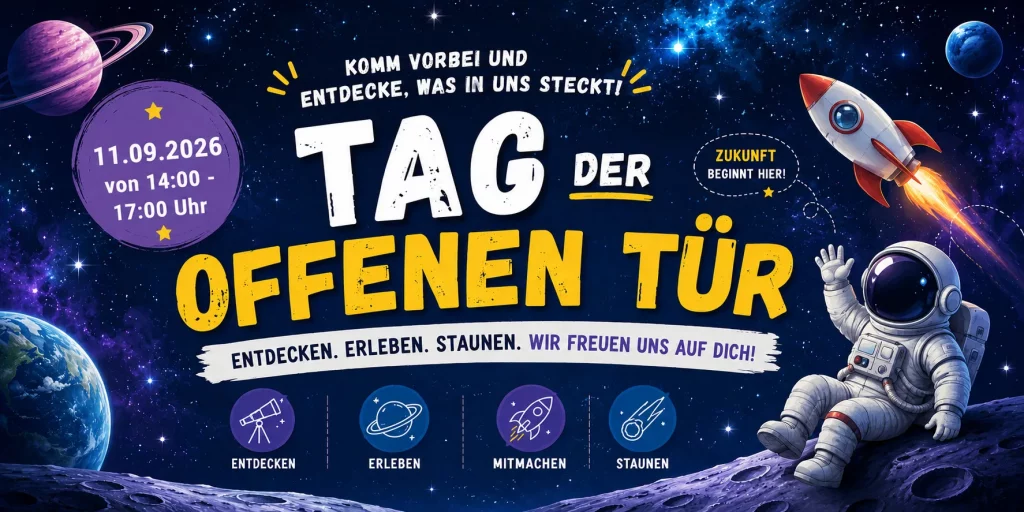 ein farbenfrohes poster zum thema weltraum für einen tag der offenen tür zeigt einen astronauten auf dem mond mit einer rakete, der erde und sternen. die veranstaltung findet am 09.11.2026 von 14:00 bis 17:00 uhr statt. der text lädt die besucher dazu ein, neues zu entdecken, zu erleben und mitzumachen.